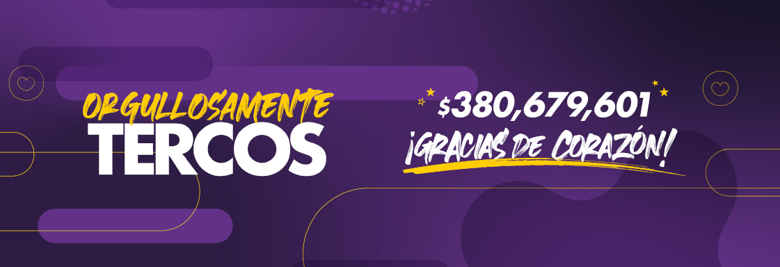 Diseño de texto blanco y amarillo sobre fondo morado: Orgullosamente tercos: $380,679,601 pesos recaudados. ¡Gracias de corazón!