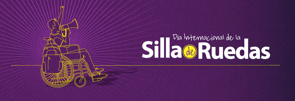 Ilustración de una silla de ruedas amarilla sobre un fondo morado. Diseño del texto: Día internacional de la Silla de Ruedas