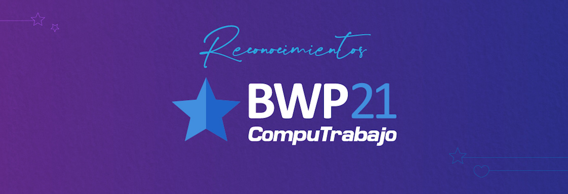Logo de BestWorkPlaces de CompuTrabajo 2021 sobre fondo morado