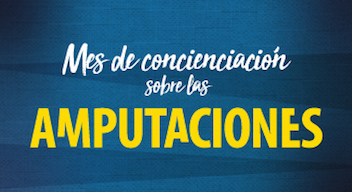 Diseño: texto blanco sobre fondo azul, que lee: Mes de concienciación sobre las amputaciones