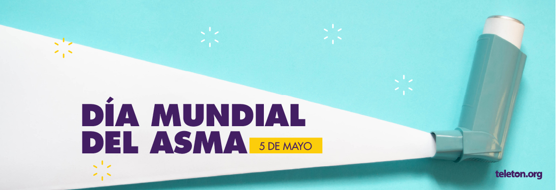 Diseño azul con blanco. Tiene la imagen de un inhalador y el texto: Día mundial del asma. 5 de mayo.