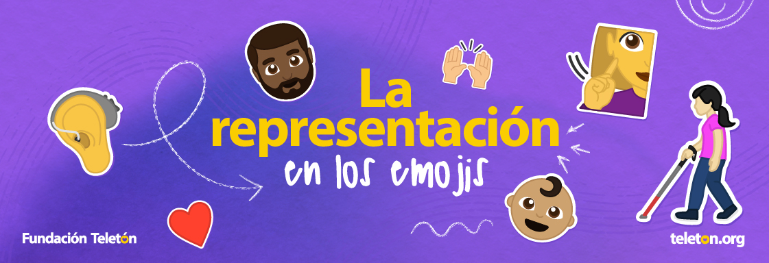 Diseño con fondo morado y texto en blanco que dice: La representación en los emojis. Hay siete emojis decorativos: una oreja con un implante coclear, un corazón rojo, un hombre de tez morena y barba, un bebé sonriente, dos manos, una mujer de cabello rubio hablando con lengua de señas y una mujer con debilidad visual utilizando un bastón de apoyo.