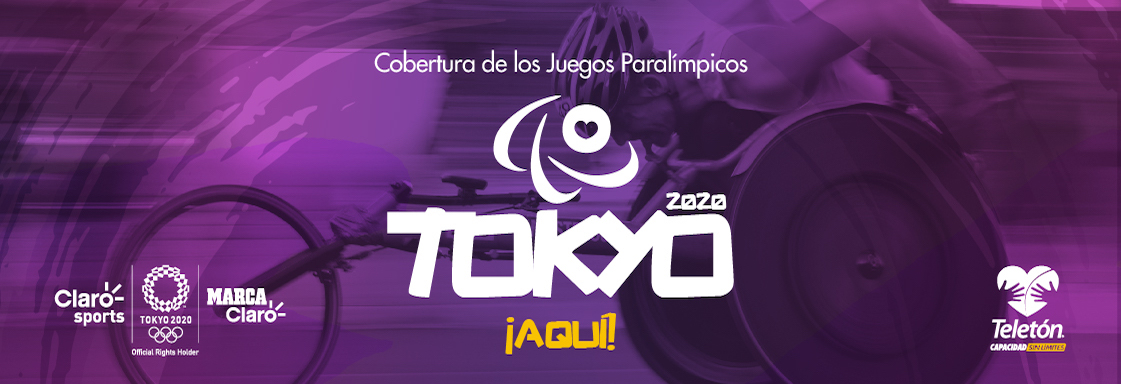 Diseño de velocista sobre silla de ruedas deportiva. Sobre la imagen el texto: Cobertura de los Juegos Paralímpicos Tokyo 2020 ¡Aquí!