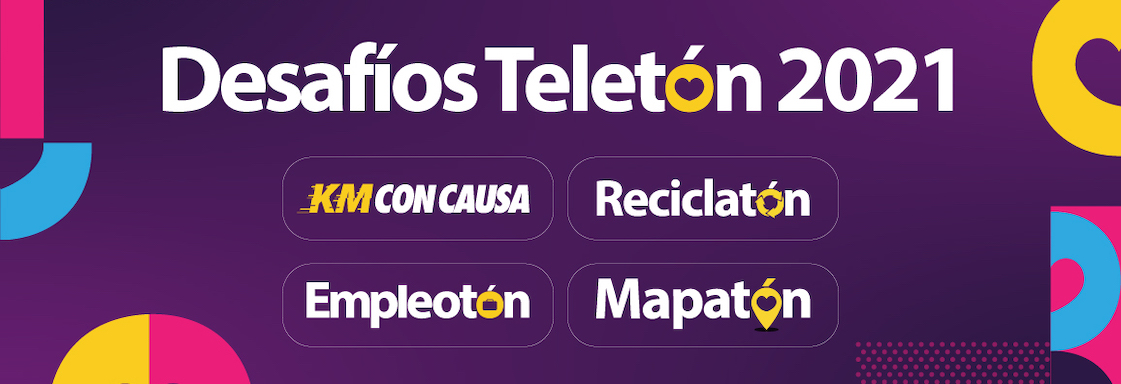 Diseño con fondo morado y textos blancos: En la parte superior está el título: Desafíos Teletón 2021. En la parte inferior aparecen cuatro textos pequeños: Kilómetros con Causa, Empleotón, Reciclatón y Mapatón