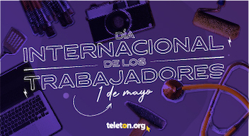 Imagen con foto en filtro morado de personas trabajando en una oficina y encima en texto en blanco que dice: Día Nacional por la Inclusión Laboral