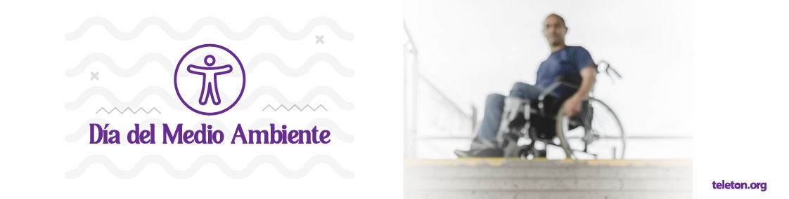 Fotografía de una persona usuaria de silla de ruedas junto a unos escalones. En texto morado, a un lado de la imagen dice: Día del Medio Ambiente