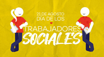 Imagen con ilustración de dos personas con bata roja enmarcando el texto Día Nacional de los Trabajadores Sociales