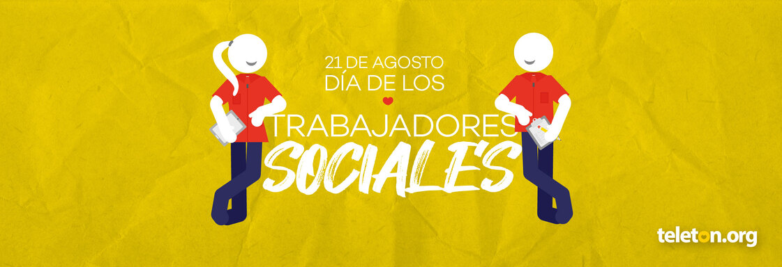 Imagen con ilustración de dos personas con bata roja enmarcando el texto Día Nacional de los Trabajadores Sociales