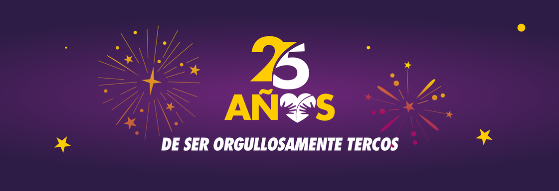 Imagen con fondo morado y el texto 25 años de ser Orgullosamente Tercos