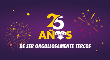 Imagen con fondo morado y el texto 25 años de ser Orgullosamente Tercos