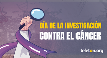 Imagen con ilustración de una mano con una lupa y el texto Día de la investigación contra el cáncer