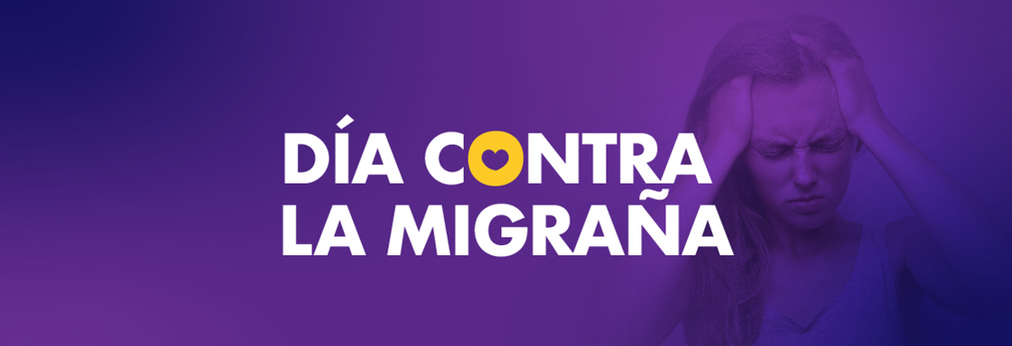 Imagen con fondo morado y texto en blanco que dice Día contra la Migraña