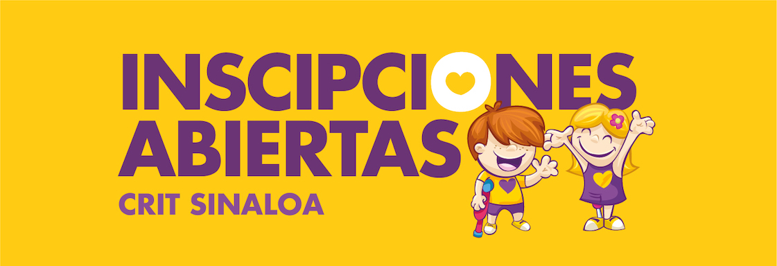 Imagen de portada. Texto morado sobre fondo amarillo, que lee: inscripciones abiertas CRIT Sinaloa. A un lado hay una ilustración de un niño usuario de un bastón y una niña usuaria de silla de ruedas