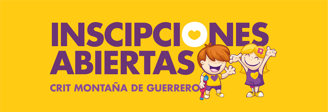 Imagen de portada. Texto morado sobre fondo amarillo, que lee: inscripciones abiertas CRIT Montaña de Guerrero. A un lado hay una ilustración de un niño usuario de un bastón y una niña usuaria de silla de ruedas