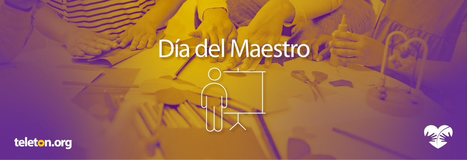 Foto con filtro naraja de una mesa con varios niños dibujando y encima el texto en blanco que dice Día del Maestro