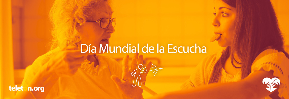 Imagen con foto en filtro amarillo de una abuela hablando con su nieta y encima el texto en blanco que dice: Día Mundial de la Escucha