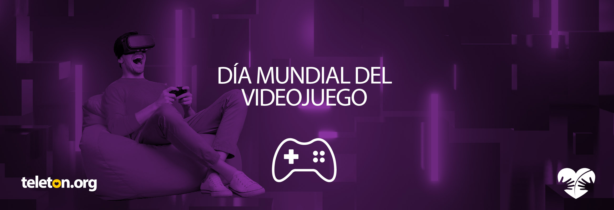 Foto con filtro morado de un hombre jugando con una consola de videojuegos y encima el texto en blanco que dice Día Mundial del Videojuego