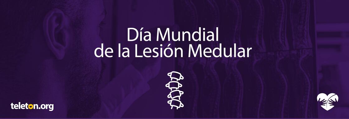Imagen con foto con filtro morado de una persona revisando la radiografía de médula espinal y encima el texto en blanco que dice Día Mundial de la Lesión Medular
