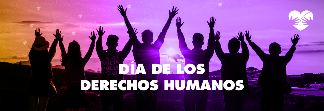 Imagen con personas agarradas de las manos alzando los brazos y encima el texto en blanco que dice: Día Mundial de los Derechos Humanos