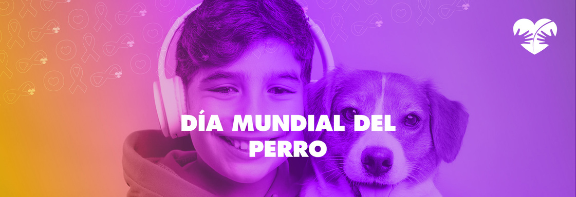 Foto niño con audífonos y perro y texto Día Mundial del perro