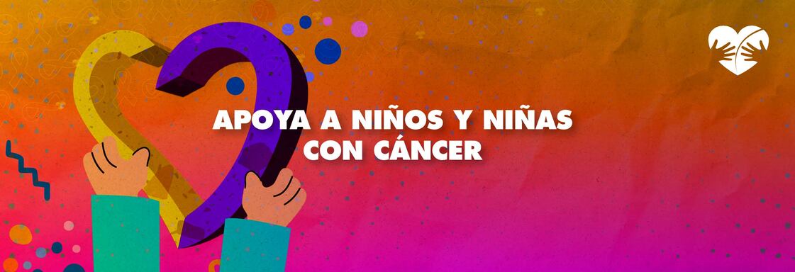 Ilustración corazón con texto Apoya a niños y niñas con cáncer