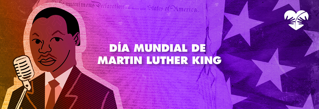 Ilustración de Martin Luther King con texto al lado: Día Mundial de Martin Luther King